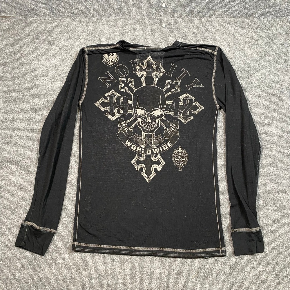 Nobility Motors Mens XL Black Thermal Henley Skull Graphic Contrast Stitch Shirt